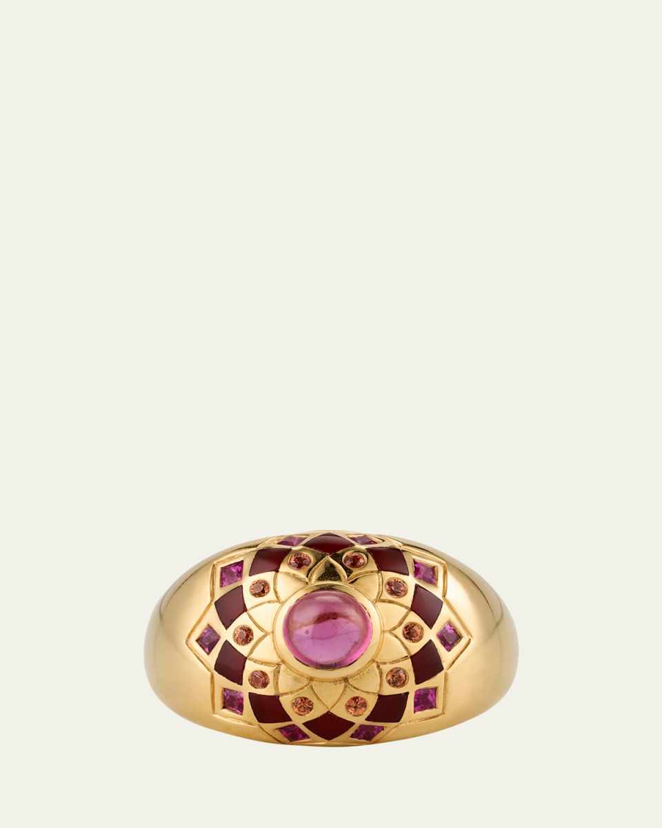 18K Yellow Gold Temple Mandala Dome Ring with Carnelian, Sapphires and Pink Tourmaline, Size